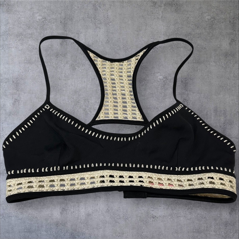 Victoria's Secret Crochet Bikini Swim Top Black Cream Racerback Size S